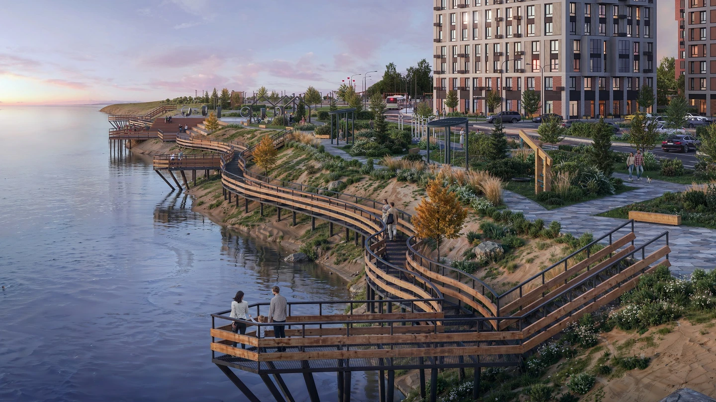 Набережная рядом с ЖК Кольские огни с прогулочными террасами у воды